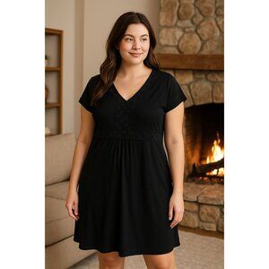 George Empire Waist Dress XL 16-18 Black V-Neck Short Sleeve Floral Trim Classic